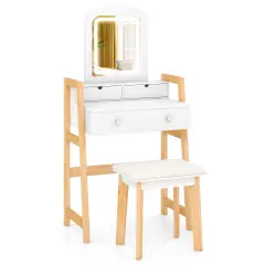 White Adjustable Height Vanity Desk Set with 3-Color LED Lighted Mirror and Storage Drawers