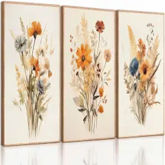 Summer 3 Pcs Vintage Wildflower Canvas Wall Decor, Country Farmhouse Watercolor Flower Botanical Painting Pictures, Floral Poster Print Artwork for Bedroom, Living Room, and Girls Room Decoration, Unframed