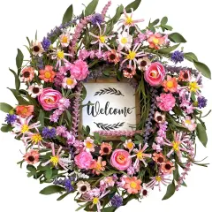 Summer 22 Inch Wreath for Front Door, Artificial Floral Wreath with Roses, Wild Flowers, Leaves, and Welcome Board, Farmhouse Indoor/Outdoor Wall Decor