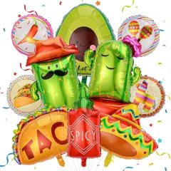 10 Pcs Fiesta Balloons Mexican Taco Cactus Avocado Sombrero Llama Spicy Bottle Foil Balloons Cinco De Mayo Fiesta Party Decorations