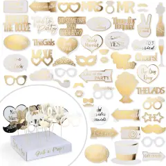 60PCs Fully Assembled Wedding Photo Booth Props - Prop Stand - Gold Signs - Elegant Wedding & Reception Party Supplies- Funny Wedding Props -Gold Foil Print &ndash; Bridal PhotoBooth