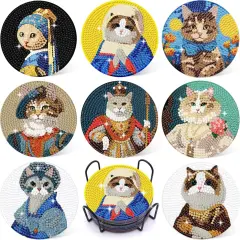 8PCs Diamond Paintings Coasters Kits Set With Holder, Cat Diamond Art, Crafts DIY Funny Adult Craft Diamond Dots Gift