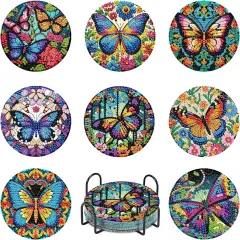 Diamond Painting Coasters Kits with Holder, DIY Butterfly Diamond Art Coaster Non Slip Coaster for Tabletop Protection 4x4 Inch