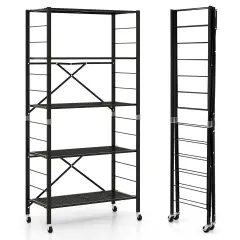 Black Metal Folding Storage Rack, Adjustable 5-Tier Shelf with Wheels