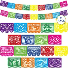 36 FT Cinco De Mayo Decorations, 2 Pack Mexican Party Banner, Plastic Fiesta Banner Colorful Papel Picado Hanging Banner String Flags Mexican Theme Party Dia De Los Muertos Day of the Dead Decor