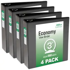 Office Essentials Economy View 3 Ring Binders, 3" Round Rings, 3.5" Spine, 460-Sheet Capacity, Black Binders (4-Pack of 03149)