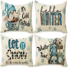 Hello Winter Blue Gnome Lumbar Decorative Rectangle Pillow Cover 12x20 Set of 4, It's Cold Outside Snowflakes Coffee Let It Snow Farmhouse Pillowcases, Christmas Buffalo Plaid Check Decors