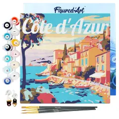 Figured'Art Mini Paint by Numbers Kit for Adults with Frame Travel Poster Cote d'Azur Small format 8"x8" - Craft Art Painting DIY Canvas Already Stretched on a Wooden Frame