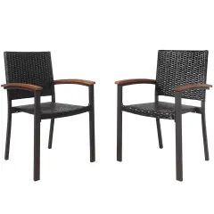 Costway Set of 2 Outdoor Patio PE Rattan Dining Chairs Armrest Stackable Garden