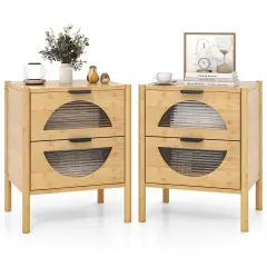 Costway 1/2 PCS Bamboo Nightstand with 2 Storage Drawers & Reeded Tempered Glass Fronts Bedroom