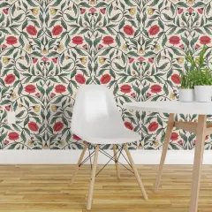 Pre-Pasted Wallpaper 2FT Wide Art Nouveau Hand Drawn Floral Garden Traditional Red Roses Arts And Crafts Custom Pre-pasted Wallpaper by Spoonflower