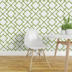 Pre-Pasted Wallpaper 2FT Wide Chinoiserie Spring Green Classic Geometric Custom Pre-pasted Wallpaper by Spoonflower