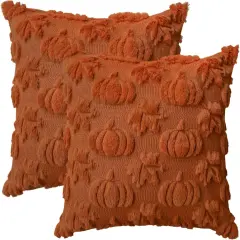 Set of 2 Fall Pumpkin Maple Leaves Caramel Throw Pillow Covers 20 x 20 Inch
