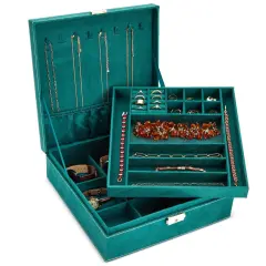 Velvet Jewelry Box Organizer - Lockable 2 Layer Travel Case, Earrings Storage with Removable Tray for Women, Men (Green)
