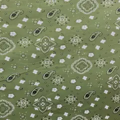 1 Yard Olive Green Paisley Bandana Print Poly Cotton Fabric 59/60 Inch Wide