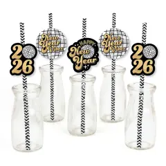 Big Dot of Happiness Disco New Year - Paper Straw Decor - Groovy 2026 NYE Party Striped Decorative Straws - Set of 24