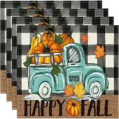 Set of 4 Buffalo Plaid Truck Hello Fall Placemats - 12x18 Inch (Black/Beige)