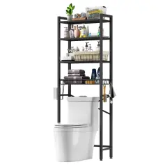 Over the Toilet Storage Shelf with 4 Tiers Adjustable Shelves and Hooks Freestanding Metal Black