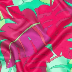 1 Yard Italian Fuchsia Hot Pink and Mint Jungle Leaves Silk Charmeuse 52 inch Width