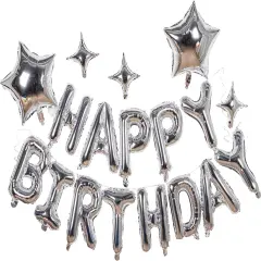 23pcs Birthday Balloons Banner, 3D Silver Premium Mylar Foil Ecofriendly Letter Happy Birthday Banner with 5pcs Star Balloons Kits for Kids Boys Men Adults Birthday Party Decorations