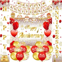 Red Gold Happy Anniversary Banner Balloons