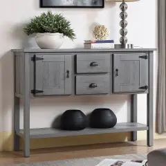 Rustic Wooden Sofa Table with Ample Storage Drawers and Cabinets for Entryway or Dining Room Grey