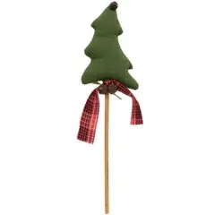 Fabric Christmas Tree Pick with Jingle Bells and Red Plaid Bow 14 Inch