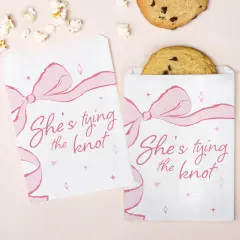 Big Dot of Happiness Tying the Knot Paper Treat Bags, Pink Bow Bachelorette Party Candy Bags, Greaseproof White Paper Sandwich Cookie Bags - 25 Count