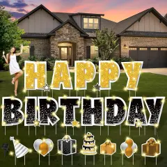25 Pcs Extra Large 19.7 Inch Happy Birthday Yard Signs with Solar LED Light Black and Gold Birthday Lawn Signs with Metal Stakes Waterproof Outdoor Decorations for Garden Party
