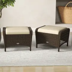 Set of 2 Outdoor PE Wicker Ottomans with Removable Cushions and Metal Frame Beige