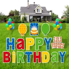 Happy Birthday Yard Sign with Stakes, Personalized Age Plastic Signs with 20 Number Stickers, Bright & Colorful Letters, Weatherproof, Perfect Outdoor Lawn Birthday Decorations