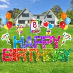 18Pcs Happy Birthday Yard Signs with Stakes, Flordeluna 16&rdquo; Large Size Birthday Lawn Sign, Happy Birthday Sign Personalized Age, Balloon, Balloonstrips, Outdoor Birthday Decoration, Durable, Reusable