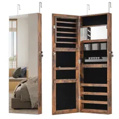 43.5 Inch Jewelry Mirror Cabinet with Full-length Mirror and Adjustable Hangers Rustic Brown