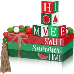 8 Pcs Summer Tiered Tray Decor Farmhouse Watermelon Table Decorations with Beads Garland Wooden Summer Tiered Tray Decorations Set Stacked Coffee Table Books Decor for Room Living Shelf