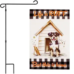 G128 Combo Pack: Garden Flag Stand Black 36x16IN & Garden Flag Life is Ruff Dog House Printed 12x18IN Double Sided Yard Lawn Decoration