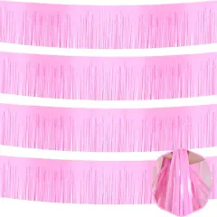 4 Pack 10 Ft Macaron Pink Foil Fringe Garland Metallic Tinsel Streamers Banner Wall Hanging Curtain Backdrop for Parade Floats, Christmas Day, Thanksgiving Day, Halloween, New Year Party Decoration