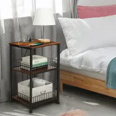 Industrial End Table with Storage Shelf & Charging Station Lockable Wheels, Sturdy Wood & Iron Mesh Nightstand for Bedroom, Living Room, or Office