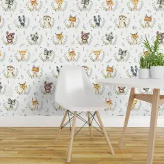 Pre-Pasted Wallpaper 2FT Wide Woodland Animal Faces Bear Fox Raccoon Deer Custom Pre-pasted Wallpaper by Spoonflower