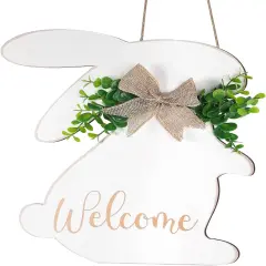 Easter Decorations Door Sign, Wooden Rustic Welcome Easter Front Door Hanger, White Easter Bunny Wreath Hanging For Spring Wall Home Farmhouse Indoor Outdoor Decor (Bunny)
