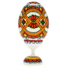 Geometrical Ukrainian Wooden Pysanka Easter Egg on a Stand 3.75 Inches