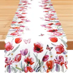 Spring Floral Table Runner with Red Tulip and Butterfly Design &ndash; Elegant Spring and Summer Table D&eacute;cor, Scalloped Edges for Dining and Coffee Table Centerpiece Decoration &ndash; 72 Inches Long