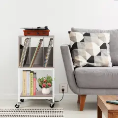 Record Player Table with USB Ports and Outlets Turntable Stand Cabinet