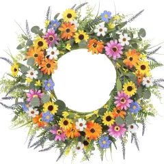 Spring Wreaths for Front Door Colorful Daisy and Lavender Flower Wreath Artificial Floral Wreath for Home Festival Wall Window Garden Porch Farmhouse Decor