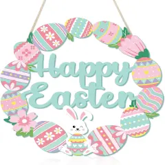 Happy Easter Decorations Sign, Bunny Eggs Wood Wreath for Front Door Porch Window Wall Hanging Decor, Pink Green Spring Decoration for the Home (Bunny Egg)