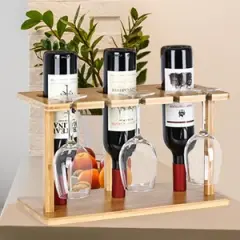 Wood Wine Rack And Wine Glass Holder Bottle Storage Stand Holder for Bar Kitchen