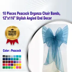10 Pieces Peacock Organza Chair Bands, 12"x116" Stylish Angled End Decor