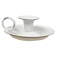White Enamel Taper Candle Plate and Vintage-Inspired with Ring Handle