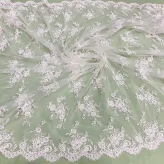 1 Yard Elegant Corded Bridal Lace Fabric with Embroidered on 100% Polyester Net Mesh 56" Width Ivory