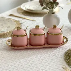 Coffee Tea and Sugar Porcelain Pots with Gold Trim Pink