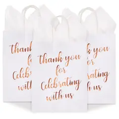 15-Pack Medium Sized Gift Bags with Tissue Paper for Wedding, Rose Gold Foil Thank You for Celebrating With Us Bags with Handles, Kraft Paper (10 x 8 x 4 Inches)